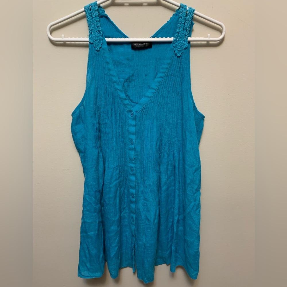 SPENSE Turquoise Button Up Sleeveless Tank Top